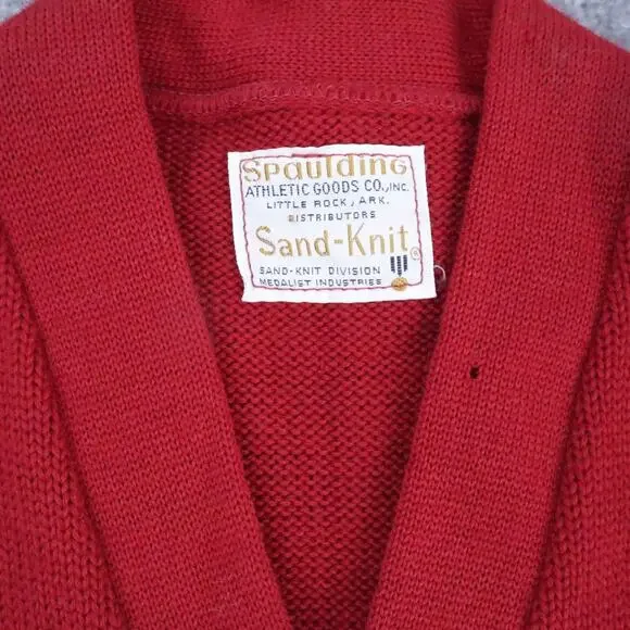 VTG 60s Spaulding Sand Knit Pins Varsity Medium Red Long Sleeve Cardigan Sweater